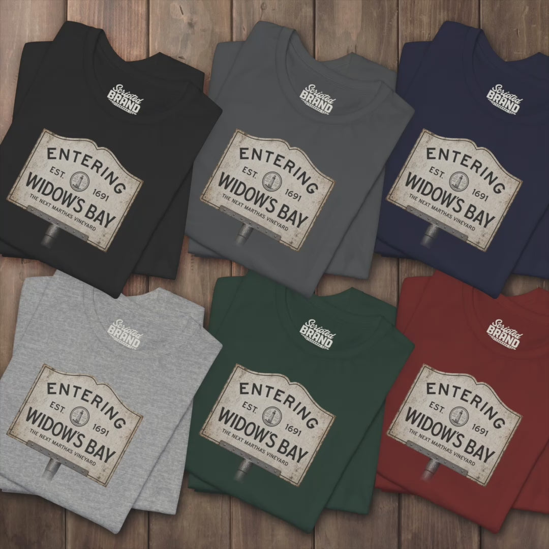 Video of 'Entering Widow's Bay' vintage town sign t-shirt inspired by Apple TV series, soft Bella+Canvas cotton New England tee