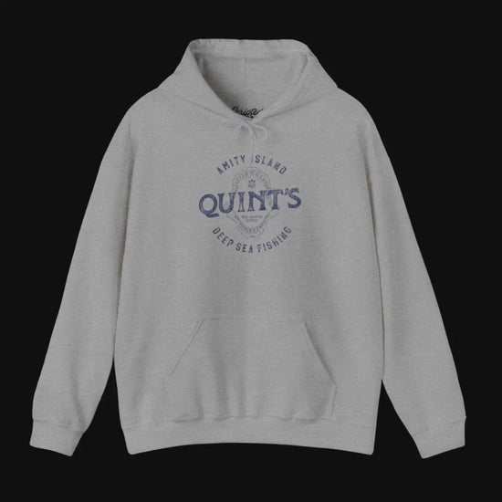 Video of Soft Unisex Hoodie Heavy Blend Hooded Sweatshirts featuring a Quint's Deep Sea Fishing Boat Charters logo graphic, designed by ScriptedBrand, and inspired by the movie Jaws in a vintage distressed style.