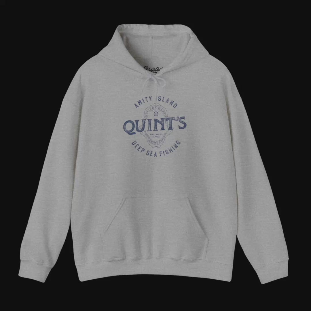 Video of Soft Unisex Hoodie Heavy Blend Hooded Sweatshirts featuring a Quint's Deep Sea Fishing Boat Charters logo graphic, designed by ScriptedBrand, and inspired by the movie Jaws in a vintage distressed style.