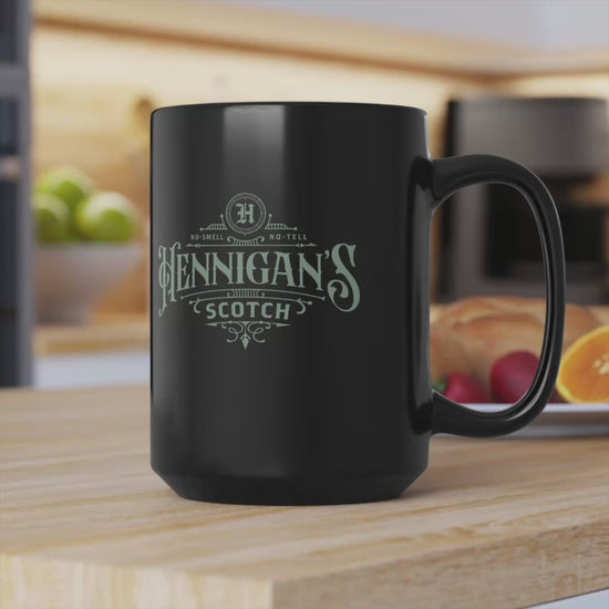 Video of Black mug with 'Hennigan's Scotch' branding