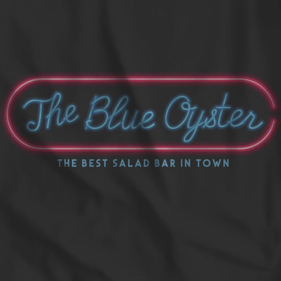 Video of The Blue Oyster Bar neon sign inspired by Police Academy, soft Bella+Canvas cotton 80s movie tee