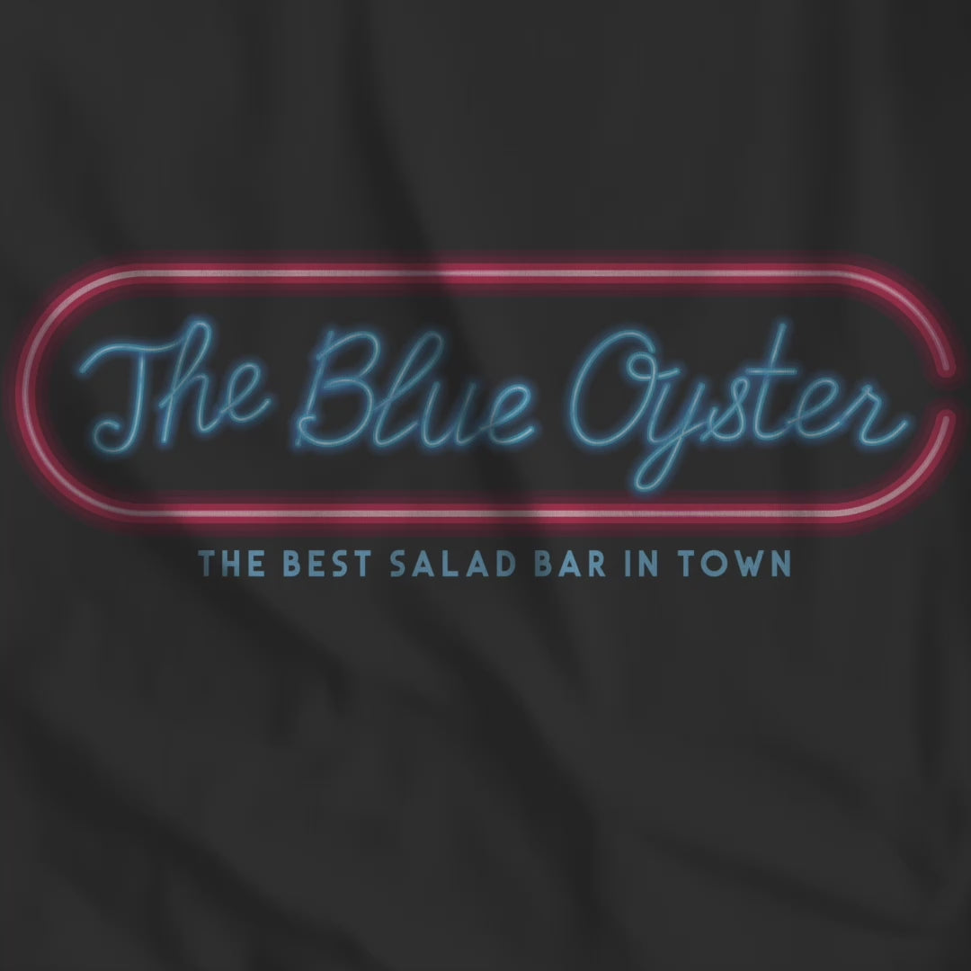 Video of The Blue Oyster Bar neon sign inspired by Police Academy, soft Bella+Canvas cotton 80s movie tee