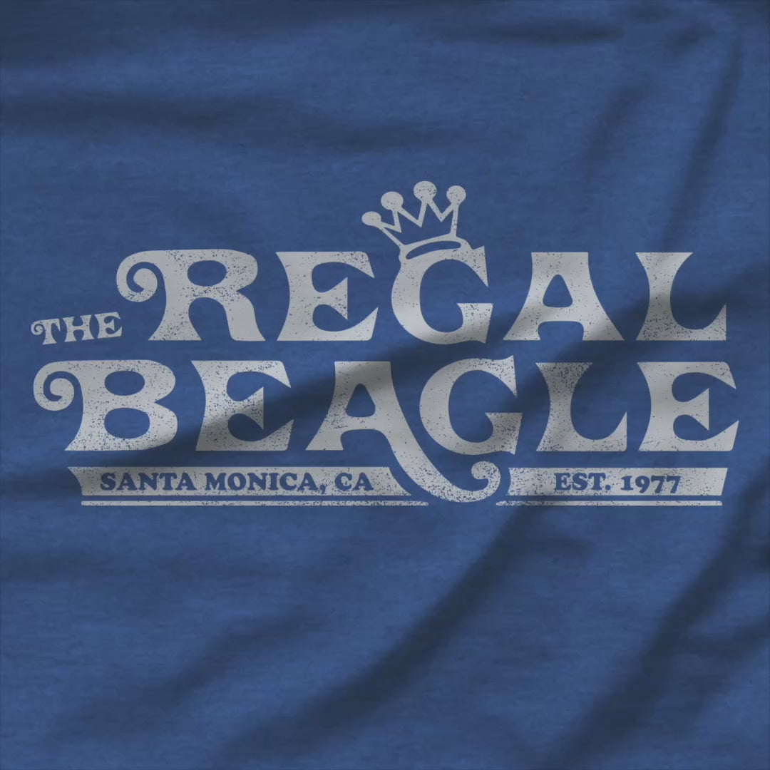 Video of womens v-neck tee with vintage distressed Regal Beagle Three's Company logo