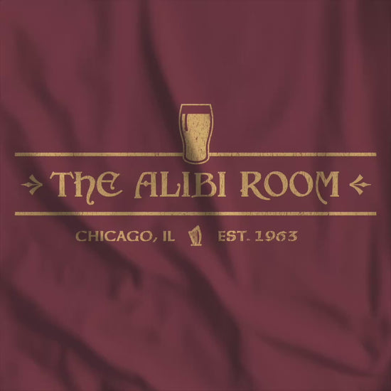 Video of maroon t-shirt featuring gold The Alibi Room logo graphic inspired by the TV show Shameless in a vintage distressed style.