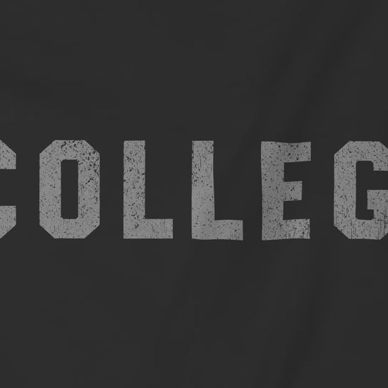 Video of black t-shirt with the 'COLLEGE' graphic John Belushi wore in the movie Animal House.