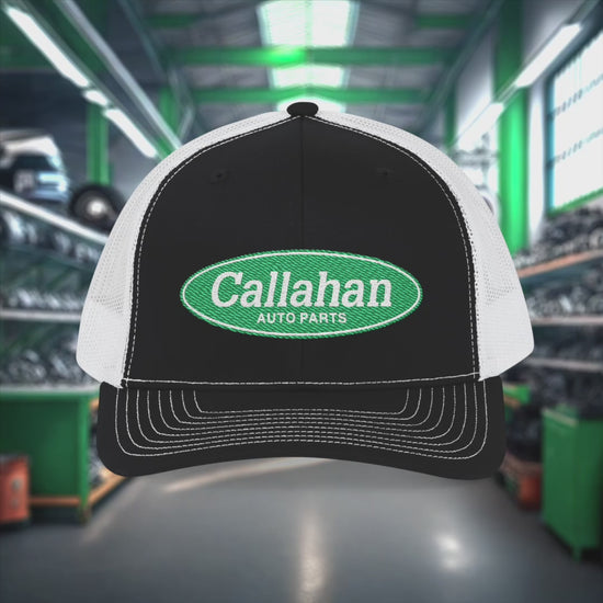 Video of a Richardson 112 trucker cap with embroidered green Callahan Auto Parts logo inspired by Tommy Boy.