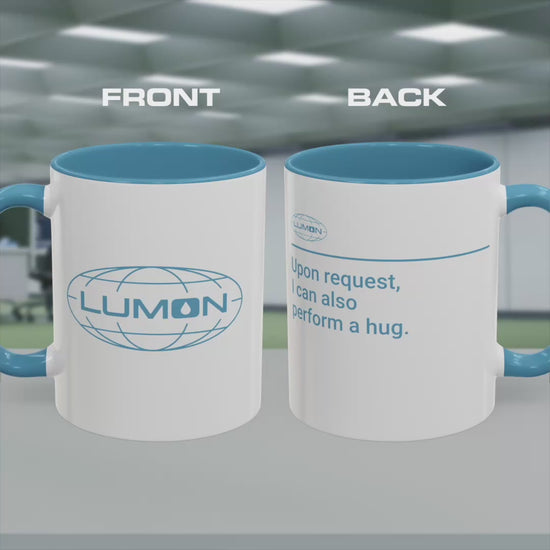 Video of a White Ceramic Mug (11 oz or 15 oz) with the blue Lumon Industries logo on one side and customizable text on the other side (up to 120 characters) inspired by the Apple TV show Severance.