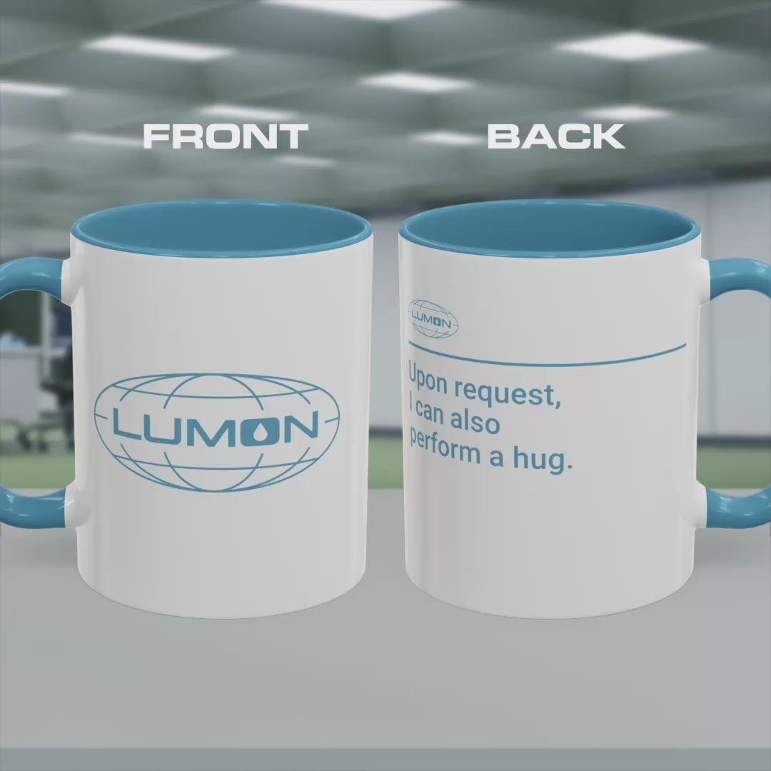 Video of a White Ceramic Mug (11 oz or 15 oz) with the blue Lumon Industries logo on one side and customizable text on the other side (up to 120 characters) inspired by the Apple TV show Severance.