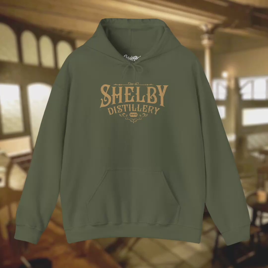 Video of Soft Unisex Hoodie Heavy Blend Hooded Sweatshirts featuring the Shelby Company Limited Distillery Logo Graphic inspired by the TV show and movie Peaky Blinders in a vintage distressed ink-stamped worn-in style.