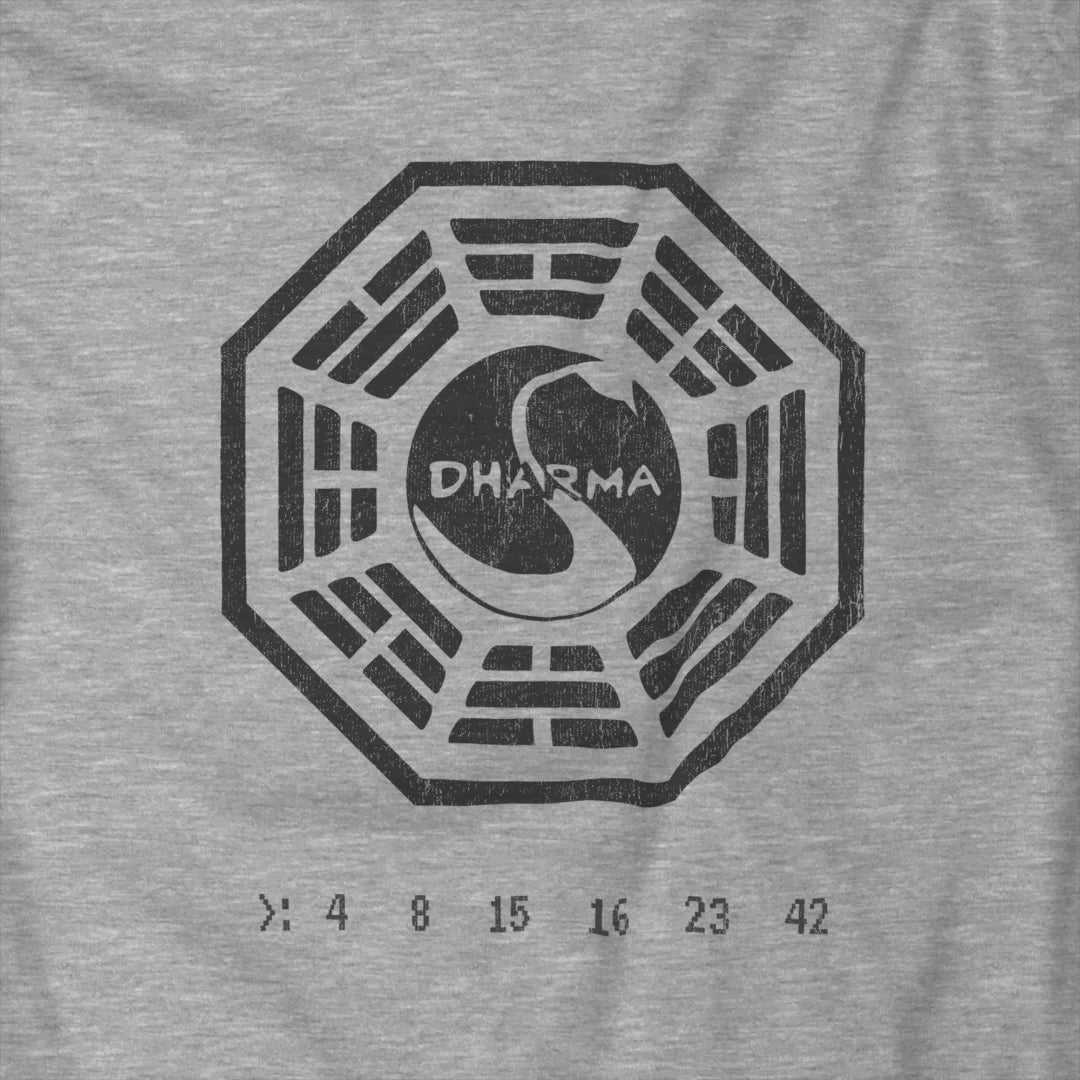 Video of long sleeve t-shirts with distressed Dharma Initiative Swan Station logo and hatch numbers from LOST