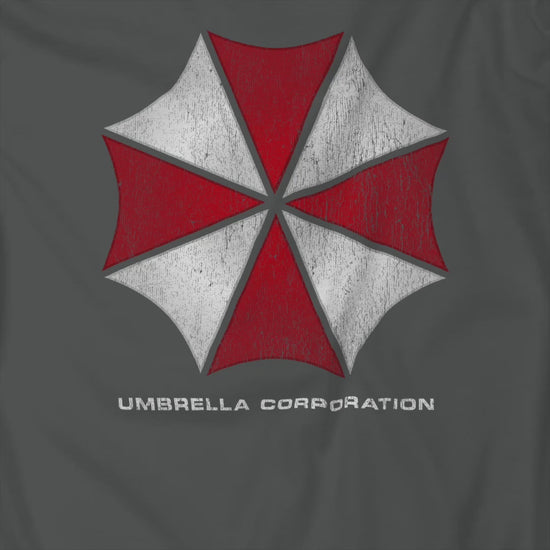 Video of t-shirts featuring the Umbrella Corp logo from the video game and movie franchise Resident Evil in a vintage distressed style.