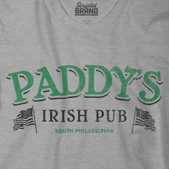 Video of  Heather Gray shirt with vintage Paddy's Pub Irish Bar graphic inspired by It’s Always Sunny in Philadelphia.