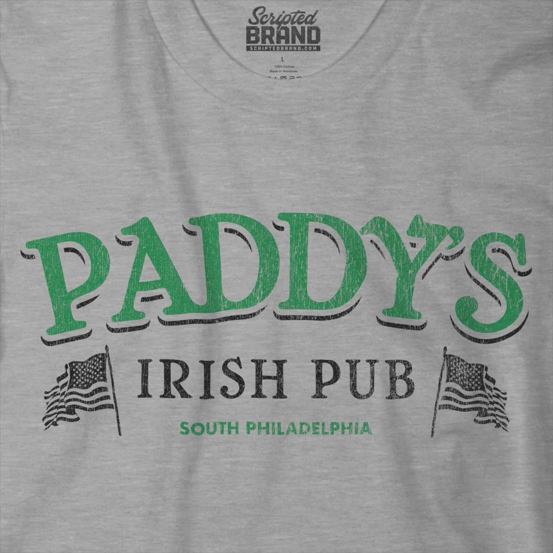 Video of  Heather Gray shirt with vintage Paddy's Pub Irish Bar graphic inspired by It’s Always Sunny in Philadelphia.