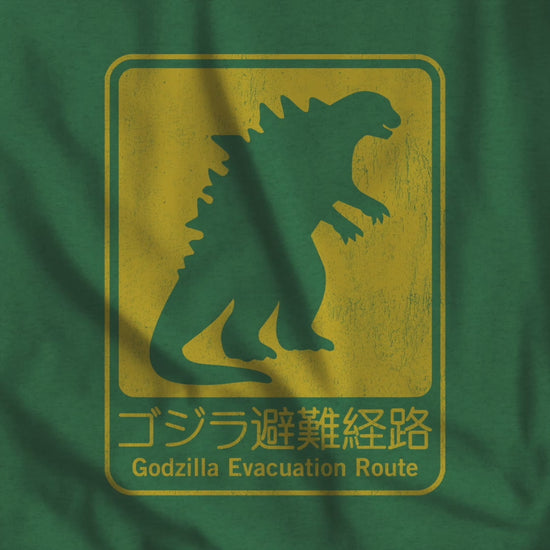 Video of Godzilla Evacuation Route distressed graphic t-shirt inspired by Monarch Legacy of Monsters, soft Bella+Canvas tee