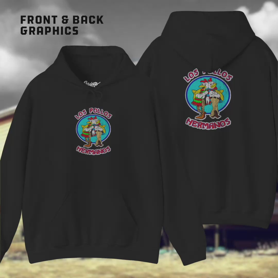 Video of Soft Unisex Hoodie Heavy Blend Hooded Sweatshirts featuring the Los Pollos Hermanos logo from the TV show Breaking Bad and Better Call Saul in a vintage distressed style. Logo is printed on both front and back of hoodie.