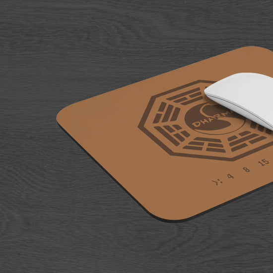Video of tan 9x8 mouse pad with Dharma Initiative Swan Station logo and hatch numbers from TV show Lost, on a desk