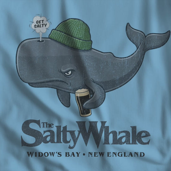 Video of 'The Salty Whale' cartoon mascot t-shirt inspired by Widow's Bay Apple TV series, soft Bella+Canvas cotton pub fan tee