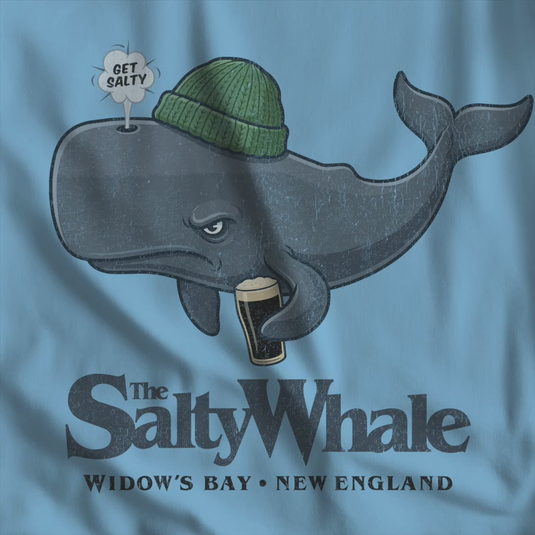 Video of 'The Salty Whale' cartoon mascot t-shirt inspired by Widow's Bay Apple TV series, soft Bella+Canvas cotton pub fan tee