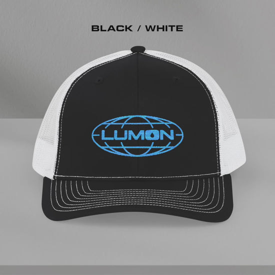 Video of a Richardson 112 trucker cap with embroidered blue Lumon Industries logo inspired by Severance.