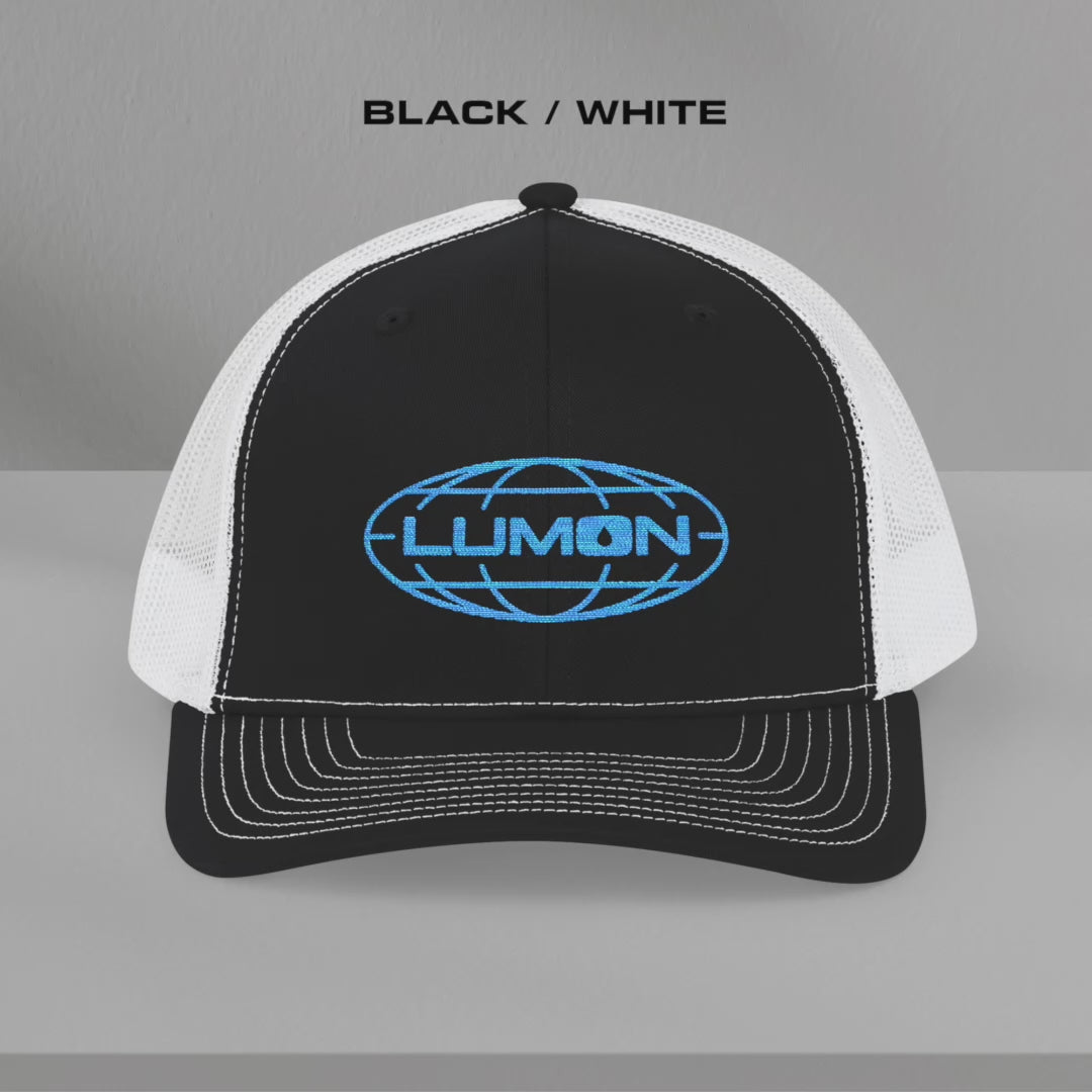 Video of a Richardson 112 trucker cap with embroidered blue Lumon Industries logo inspired by Severance.