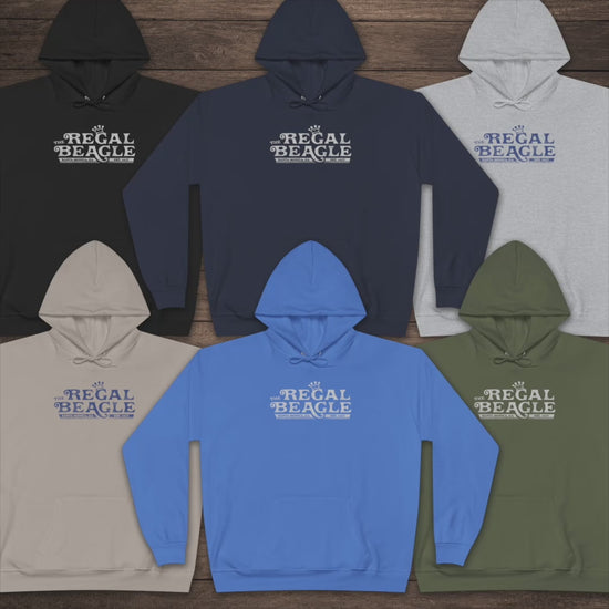 Video of EcoSmart pullover hoodie with vintage distressed Regal Beagle logo from Three’s Company on chest
