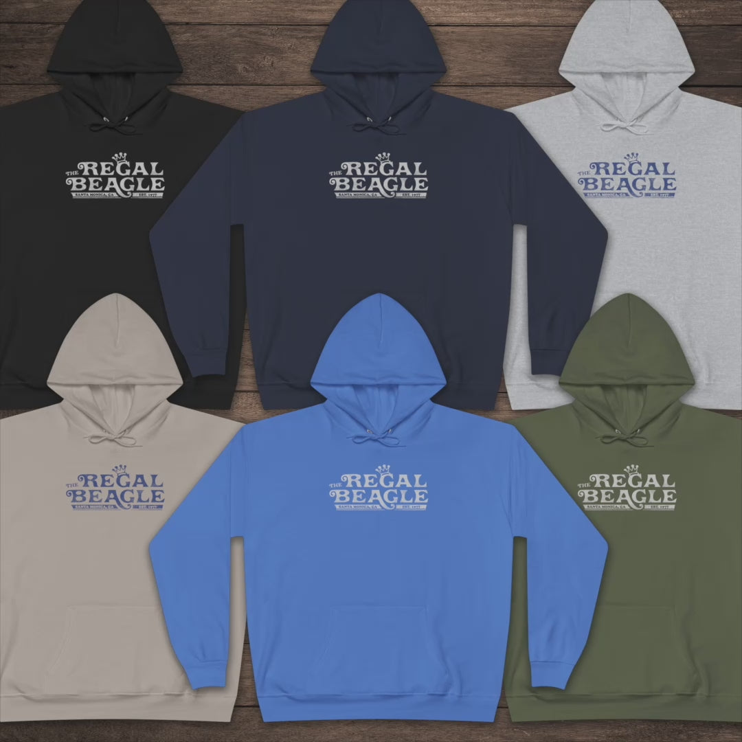 Video of EcoSmart pullover hoodie with vintage distressed Regal Beagle logo from Three’s Company on chest