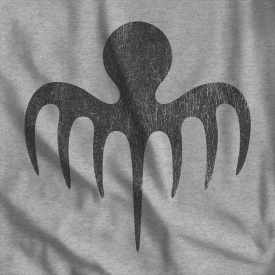 Video of Heather gray tee with vintage distressed black Spectre octopus emblem James Bond-inspired graphic