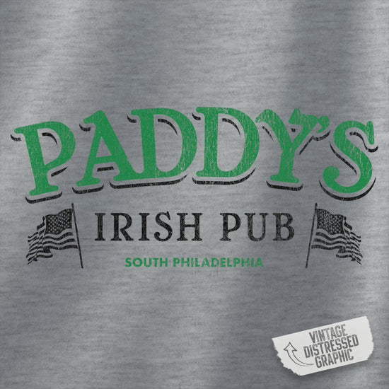 Video of Crewneck Sweatshirt with the Paddy's Pub logo graphic from the TV Show Its Always Sunny in Philadelphia in a vintage style.