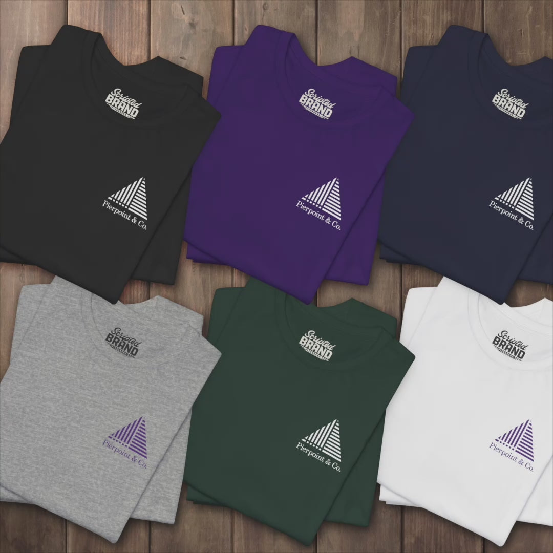 Video of Pierpoint & Co. corner logo t-shirts inspired by HBO Industry TV series, soft Bella+Canvas cotton investment bank fan tee