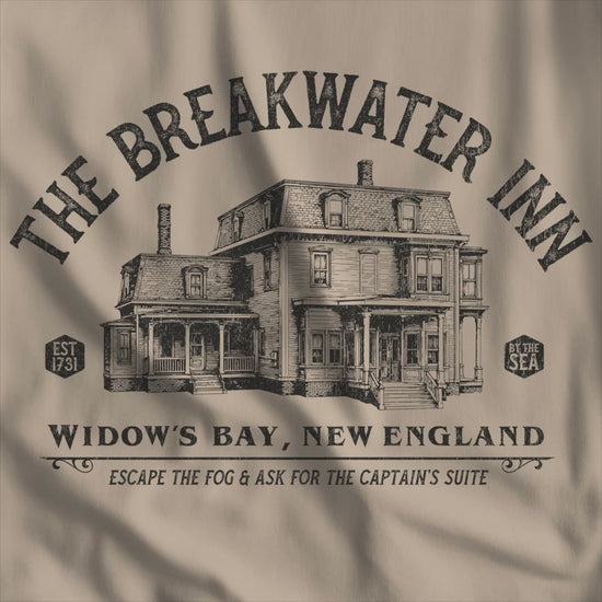 Video of 'The Breakwater Inn' vintage illustrated t-shirt inspired by Widow's Bay Apple TV series, soft Bella+Canvas cotton fan tee