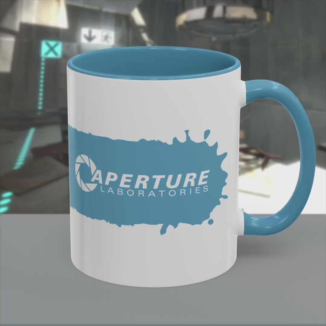 Video of Portal 2 Aperture Laboratories blue Repulsion Gel accent mug with blue handle, glossy ceramic, 11oz or 15oz.