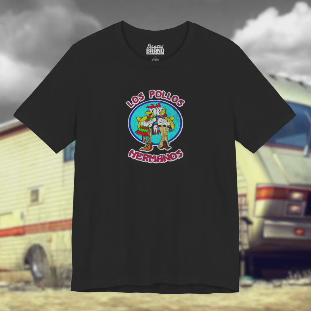 Video of Soft short-sleeve Bella+Canvas 3001 t-shirts featuring the Los Pollos Hermanos logo graphic from the TV show Breaking Bad in a vintage distressed style.