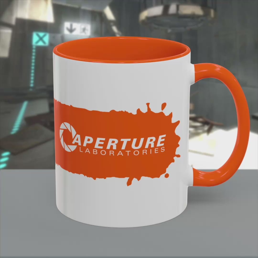 Video of Portal 2 Aperture Laboratories orange Propulsion Gel accent mug with orange handle, glossy ceramic, 11oz or 15oz.