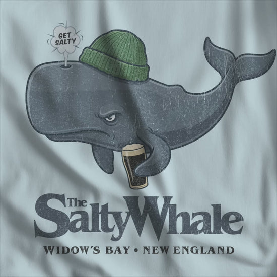 Video of Comfort Colors tank with the Salty Whale logo from Widow's Bay, a beanie-wearing cartoon whale drinking dark beer