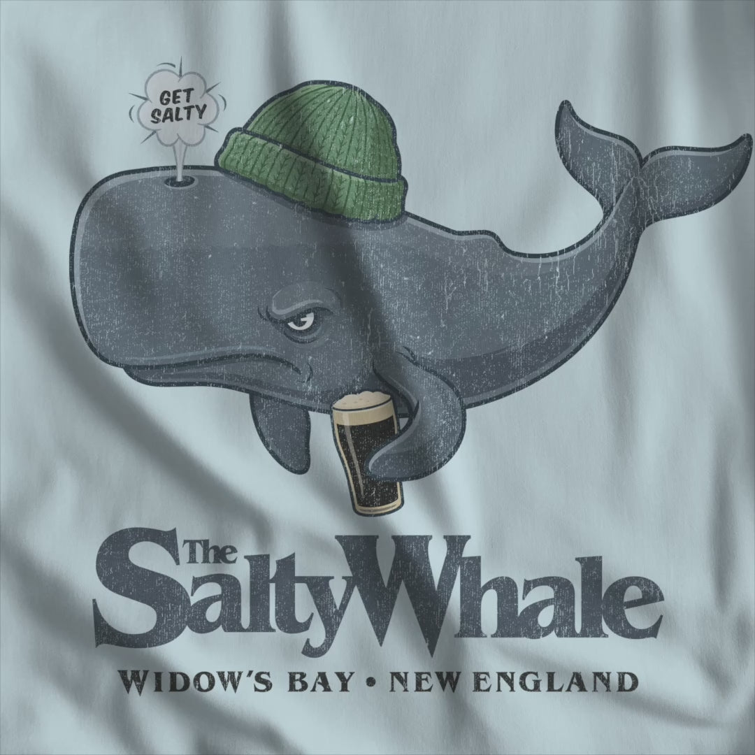 Video of Comfort Colors tank with the Salty Whale logo from Widow's Bay, a beanie-wearing cartoon whale drinking dark beer