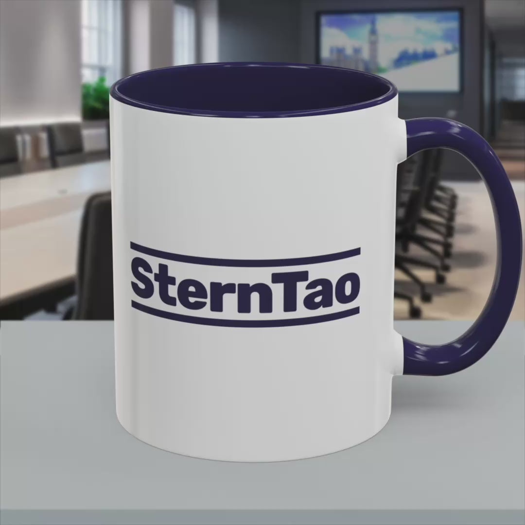 Video of SternTao logo navy accent mug inspired by Industry, white ceramic coffee mug with navy handle, two sided print