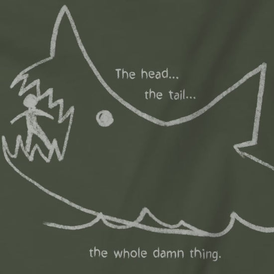 Video of shirt with the chalkboard drawing by Quint in the movie Jaws, includes text The head… the tail… the whole damn thing.