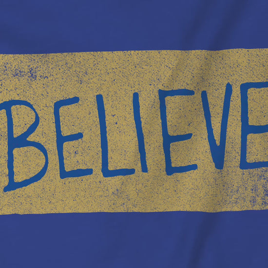 Video Closeup view of soft Bella+Canvas 3001 short-sleeve t-shirts featuring a logo graphic of the BELIEVE sign Ted Lasso hung in the fictional English soccer team AFC Richmond locker room, inspired by the TV show Ted Lasso in a vintage distressed style, sold by ScriptedBrand.