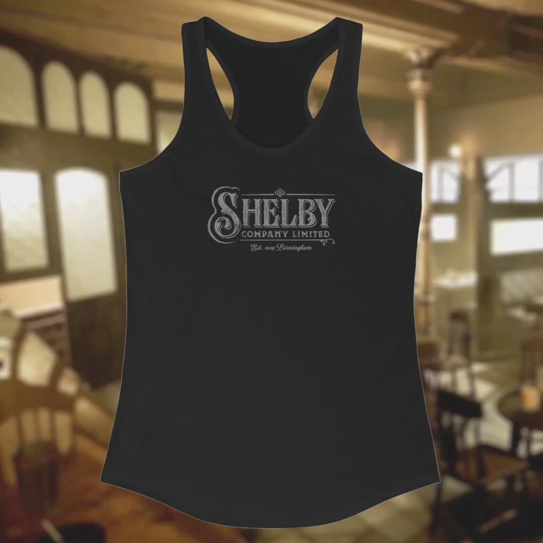 Video of Women's Racerback Tank Top Shirts (Next Level 1533) featuring the Shelby Company LTD logo from the show Peaky Blinders in a vintage distressed style, sold by ScriptedBrand.
