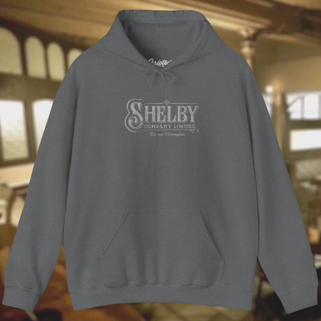 Video of a Soft Unisex Hoodie Heavy Blend Hooded Sweatshirt featuring the fictional logo Shelby Company Limited from the TV series Peaky Blinders in a vintage distressed style, sold by ScriptedBrand.