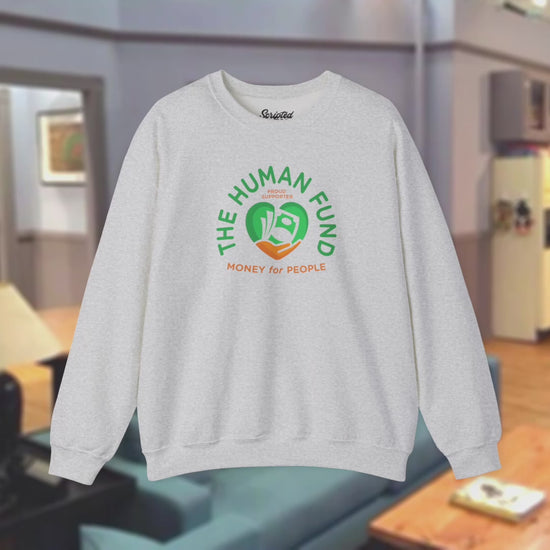 Video of Gildan 18000 crewneck sweatshirt featuring The Human Fund “Money for People” logo inspired by George Costanza from Seinfeld.