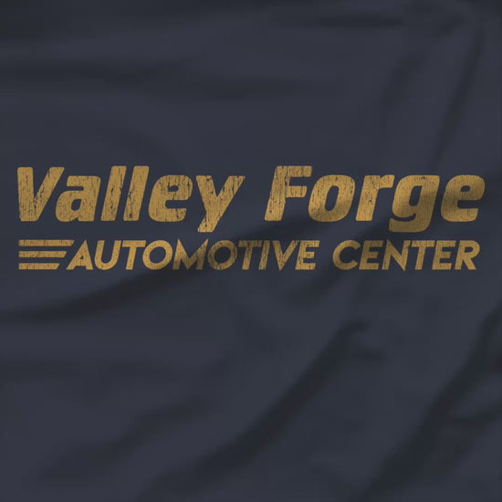 Video of tee with vintage gold Valley Forge Automotive Center auto shop logo from comedian Shane Gillis Tires TV show