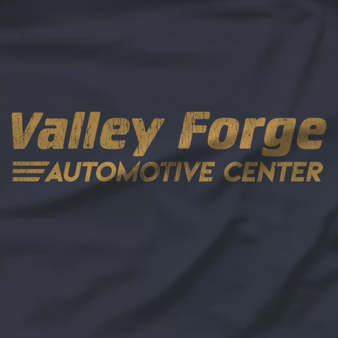 Video of tee with vintage gold Valley Forge Automotive Center auto shop logo from comedian Shane Gillis Tires TV show