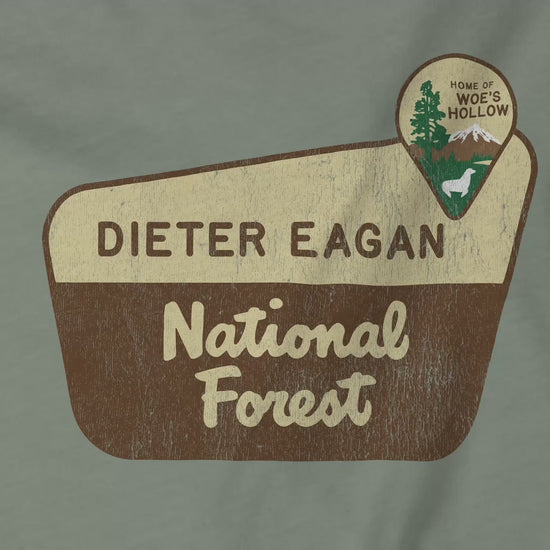 Video featuring the logo graphic of the Dieter Eagan National Forest sign designed by ScriptedBrand, inspired by the TV show Severance in a vintage distressed ink-stamped worn-in style.
