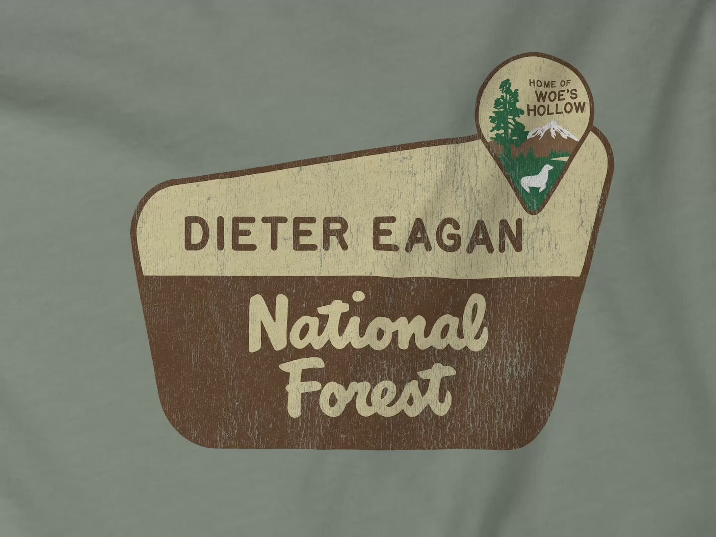 Video featuring the logo graphic of the Dieter Eagan National Forest sign designed by ScriptedBrand, inspired by the TV show Severance in a vintage distressed ink-stamped worn-in style.