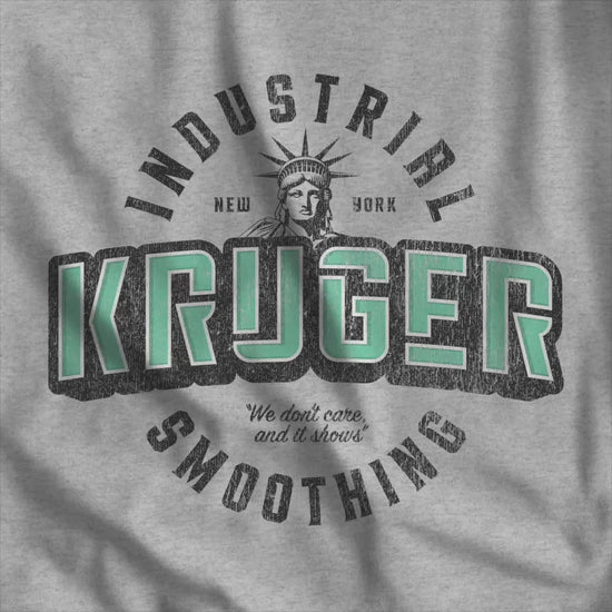 Video of Bella+Canvas t-shirt featuring a Kruger Industrial Smoothing logo graphic inspired by the TV show Seinfeld in a vintage distressed style.