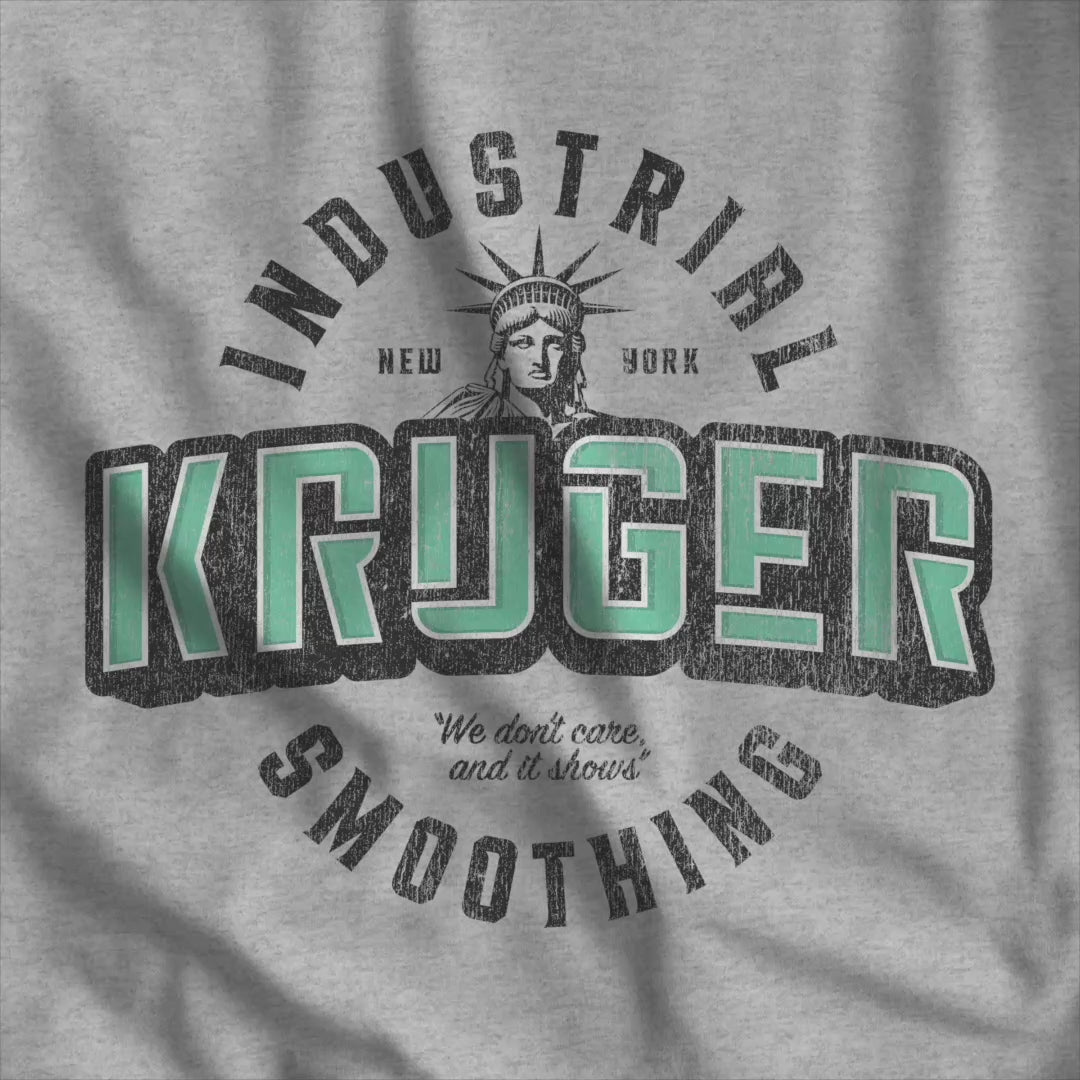 Video of Bella+Canvas t-shirt featuring a Kruger Industrial Smoothing logo graphic inspired by the TV show Seinfeld in a vintage distressed style.