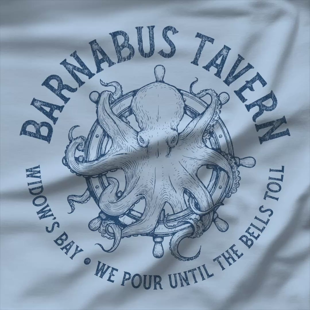Video of crewneck sweatshirt with vintage Barnabus Tavern graphic from Widow's Bay TV show octopus design