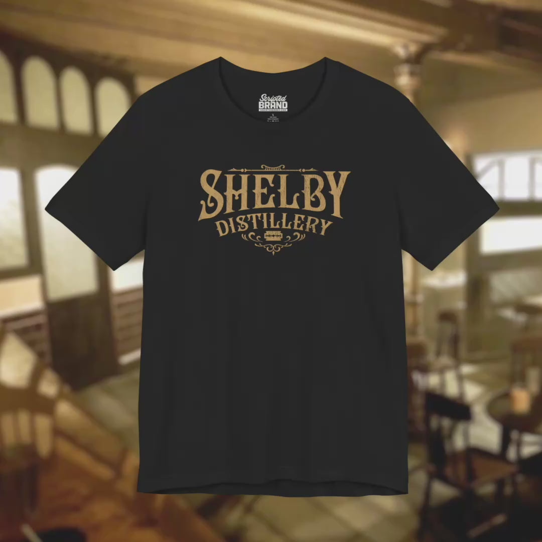 Video of Soft Bella+Canvas 3001 short-sleeve t-shirts featuring the Shelby Company Limited Distillery Logo Graphic inspired by the TV show and movie Peaky Blinders in a vintage distressed style, sold by ScriptedBrand, sold by ScriptedBrand.