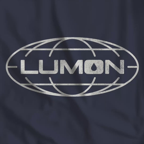 Video of Bella+Canvas tee with a vintage distressed Lumon Industries globe logo from the Apple TV show Severance